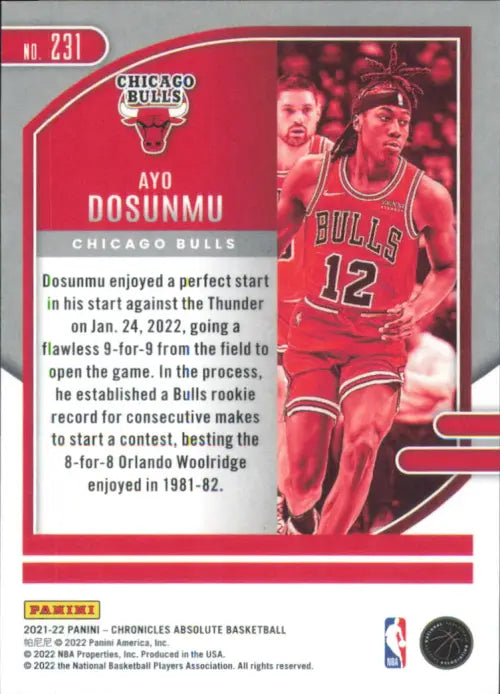 2021-22 Panini Chronicles #231 Ayo Dosunmu Rookie Absolute Chicago Bulls NM-MT