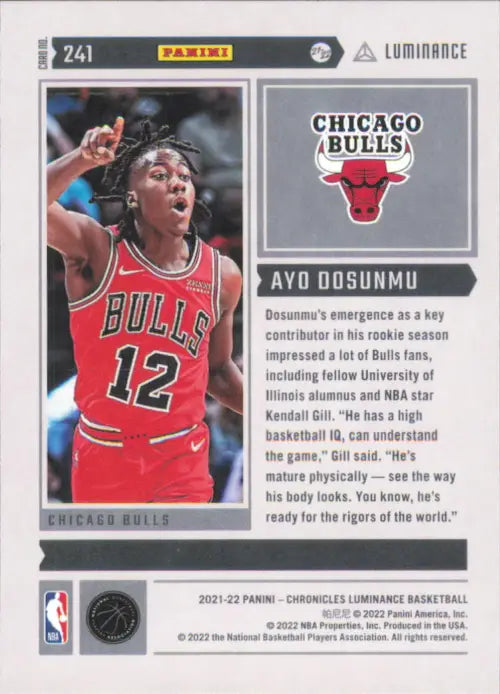 2021-22 Panini Chronicles #241 Ayo Dosunmu Rookie Luminance Chicago Bulls NM-MT