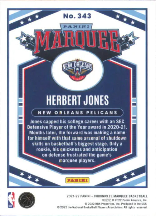 2021-22 Panini Chronicles #343 Herbert Jones Rookie Marquee NO Pelicans NM-MT