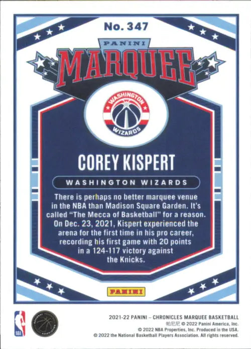 2021-22 Panini Chronicles #347 Corey Kispert Rookie Marquee Wizards Card NM-MT