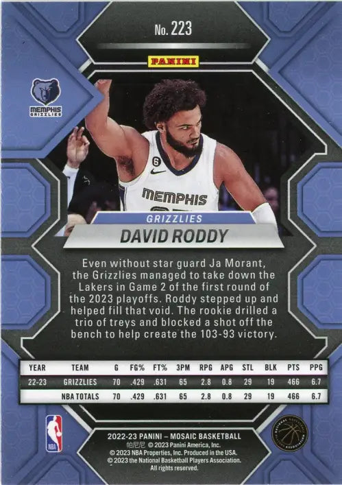 2022-23 Panini Mosaic #223 David Roddy Rookie Memphis Grizzlies Basketball NM-MT