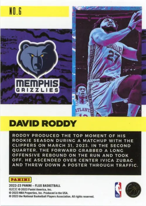 2022-23 Panini Flux Freshman Year #6 David Roddy Memphis Grizzlies Card NM-MT