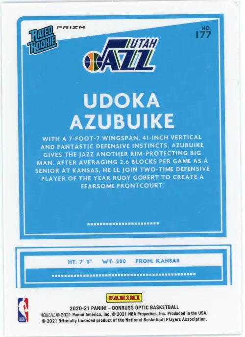 2020-21 Donruss Optic Holo #177 Udoka Azubuike Rookie Utah Jazz Basketball NM-MT