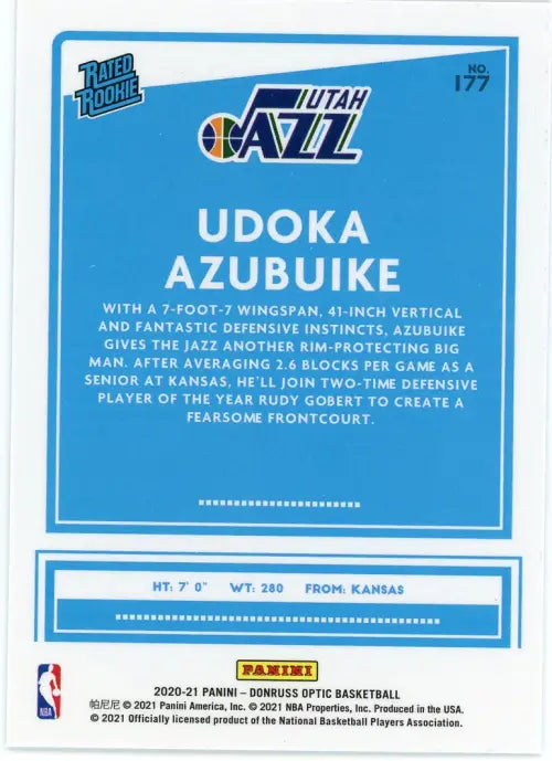 2020-21 Donruss Optic #177 Udoka Azubuike Rookie Utah Jazz Basketball Card NM-MT