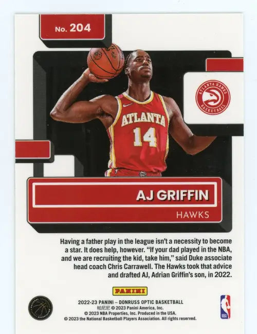 2022-23 Donruss Optic #204 AJ Griffin Rookie Atlanta Hawks Basketball Card NM-MT