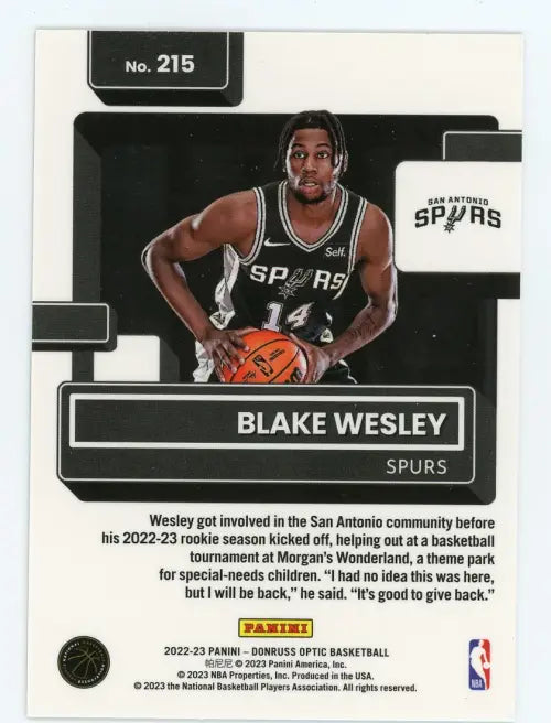 2022-23 Donruss Optic #215 Blake Wesley Rookie San Antonio Spurs Card NBA NM-MT