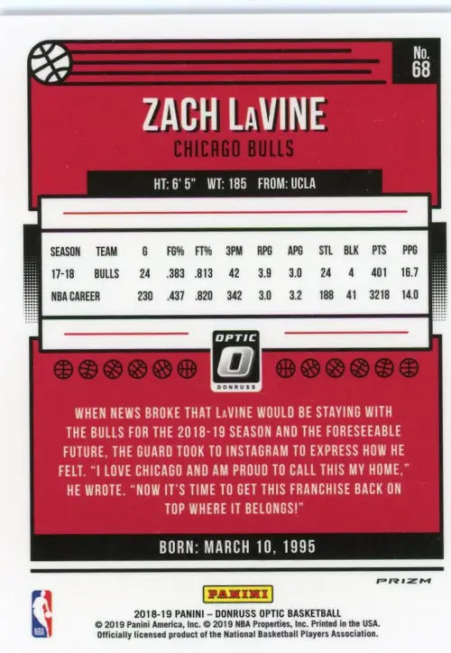 2018-19 Donruss Optic Blue Velocity #68 Zach LaVine Chicago Bulls Card NBA NM-MT