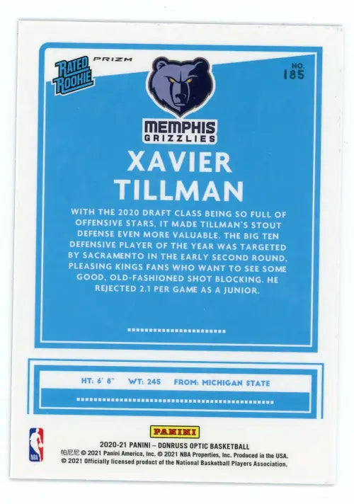 2020-21 Donruss Optic Blue Velocity #185 Xavier Tillman Rookie Grizzlies NM-MT