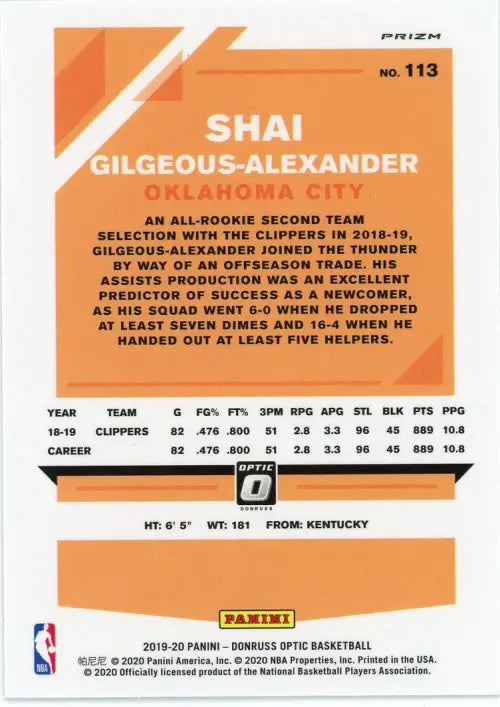 2019-20 Donruss Optic Blue Velocity #113 Shai Gilgeous Alexander Thunder NM-MT