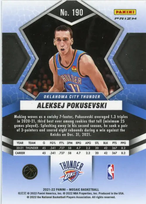 2021-22 Panini Mosaic Silver #190 Aleksej Pokusevski Oklahoma City Thunder NM-MT