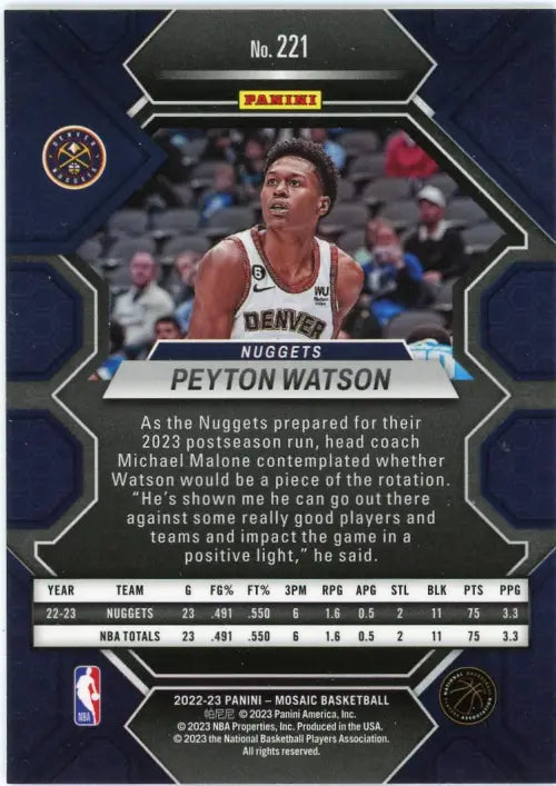 2022-23 Panini Mosaic #221 Peyton Watson Rookie Denver Nuggets Basketball NM-MT