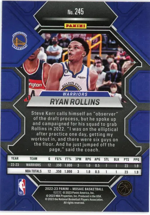 2022-23 Panini Mosaic #245 Ryan Rollins Rookie Golden State Warriors Card NM-MT