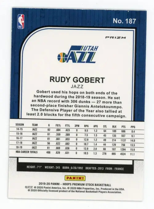 2019-20 Hoops Premium Stock Blue Cracked Ice #187 Rudy Gobert Utah Jazz NM-MT