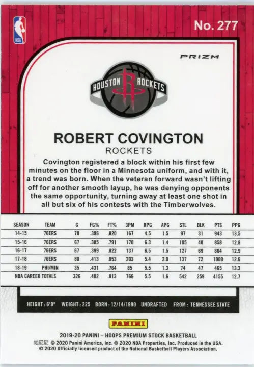 2019-20 Hoops Premium Stock Purple Disco #277 Robert Covington Rockets NBA NM-MT