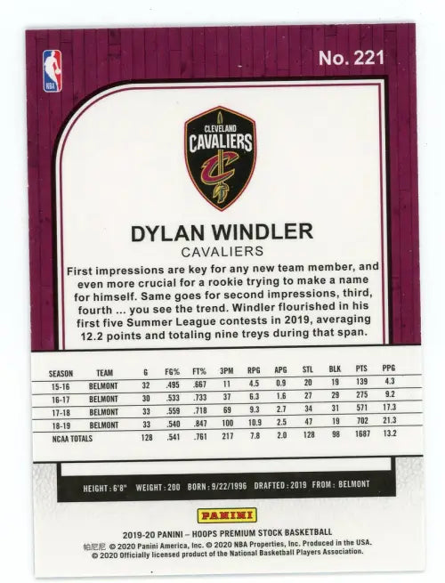 2019-20 Hoops Premium Stock #221 Dylan Windler Rookie Cleveland Cavaliers NM-MT