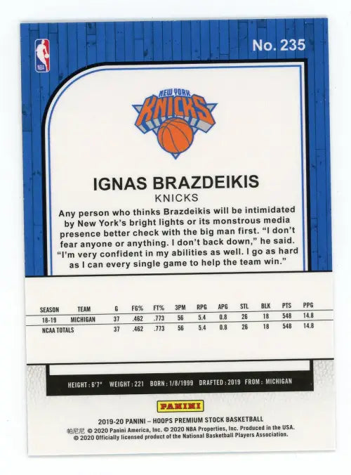 2019-20 Hoops Premium Stock #235 Ignas Brazdeikis Rookie New York Knicks NM-MT