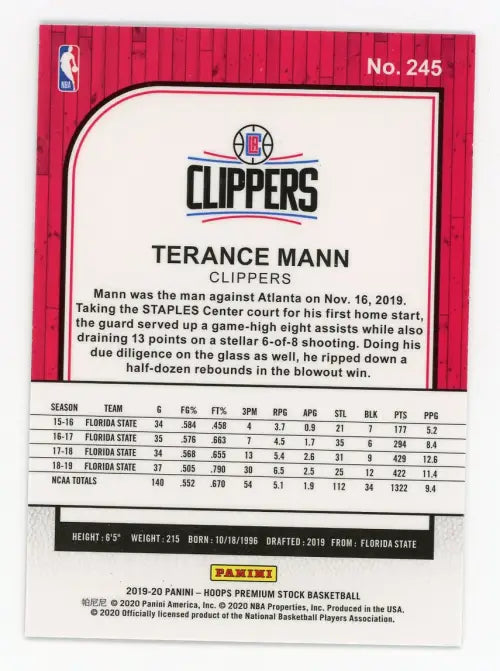 2019-20 Hoops Premium Stock #245 Terance Mann Rookie Los Angeles Clippers NM-MT