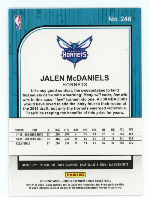 2019-20 Hoops Premium Stock #246 Jalen McDaniels Rookie Charlotte Hornets NM-MT