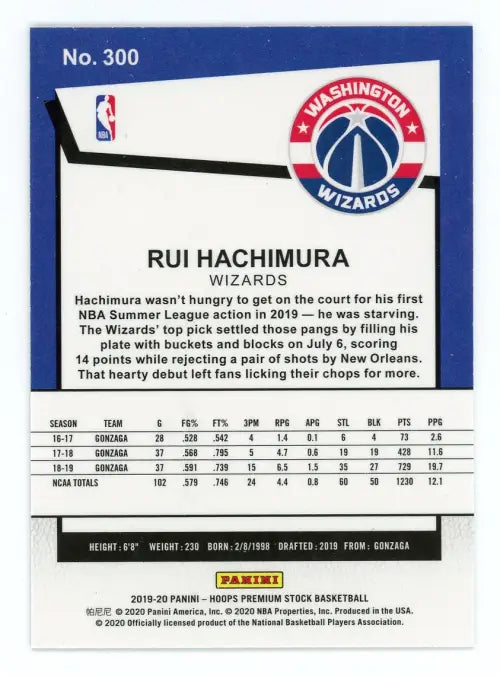 2019-20 Hoops Premium Stock #300 Rui Hachimura Rookie Washington Wizards NM-MT