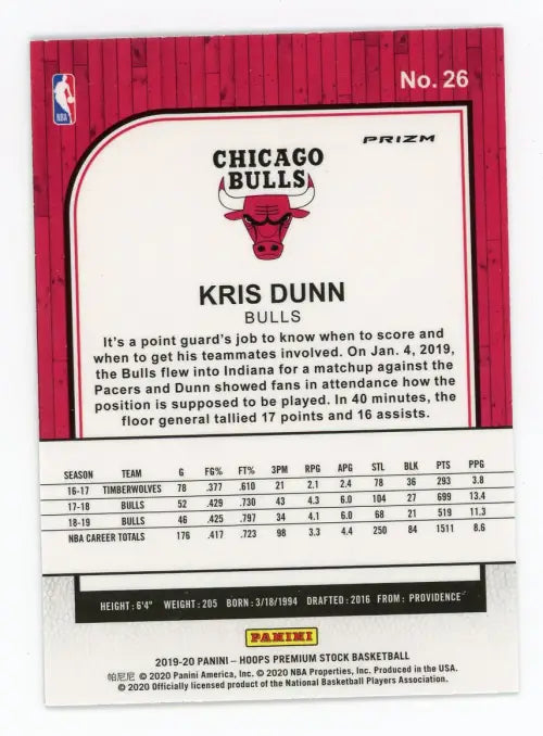 2019-20 Hoops Premium Stock Green #26 Kris Dunn Chicago Bulls Basketball NM-MT