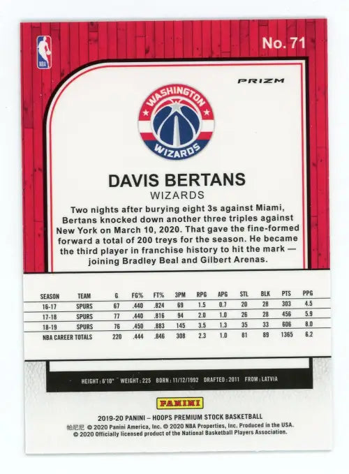 2019-20 Hoops Premium Stock Green #71 Davis Bertans Washington Wizards NM-MT