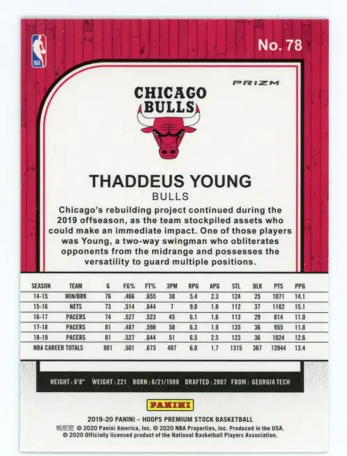 2019-20 Hoops Premium Stock Green #78 Thaddeus Young Chicago Bulls Card NM-MT