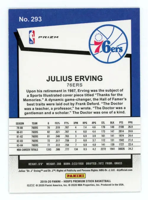 2019-20 Hoops Premium Stock Green #293 Julius Erving Philadelphia 76ers NM-MT