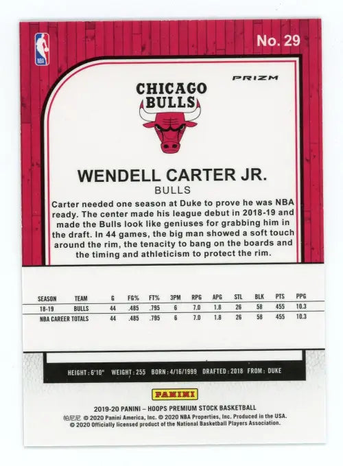 2019-20 Hoops Premium Stock Silver #29 Wendell Carter Jr Chicago Bulls NBA NM-MT