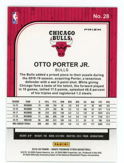 2019-20 Hoops Premium Stock Silver Laser #28 Otto Porter Jr Chicago Bulls NM-MT