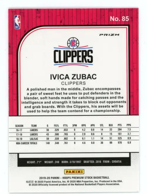 2019-20 Hoops Premium Stock Silver Laser #85 Ivica Zubac LA Clippers Card NM-MT