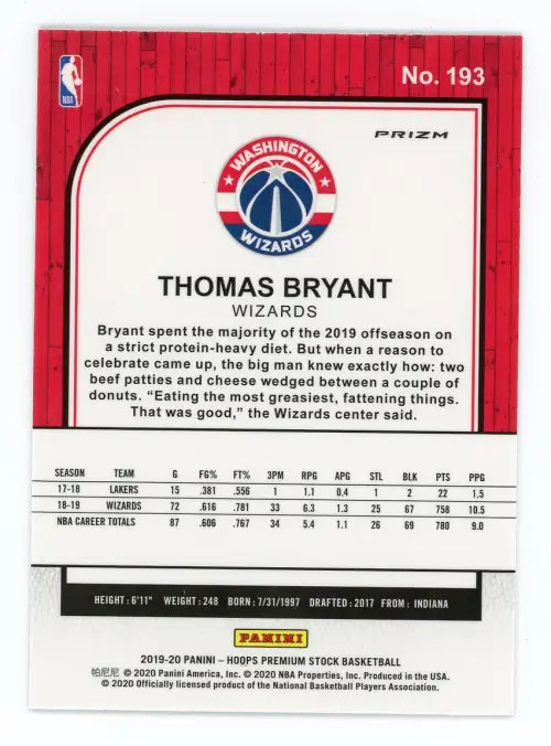 2019-20 Hoops Premium Stock Silver Laser #193 Thomas Bryant Wizards Card NM-MT