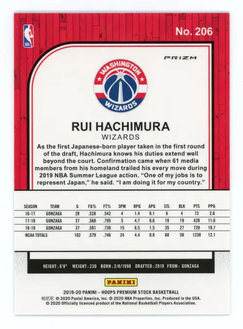 2019-20 Hoops Premium Stock Silver Laser #206 Rui Hachimura Rookie Wizards NM-MT