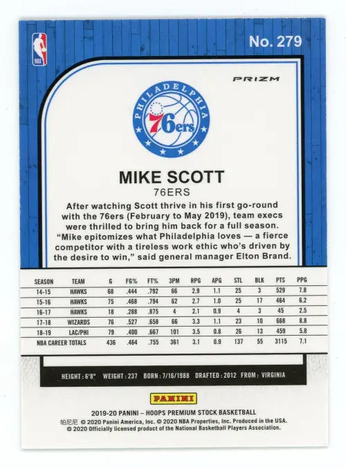 2019-20 Hoops Premium Stock Silver Laser #279 Mike Scott 76ers Basketball NM-MT