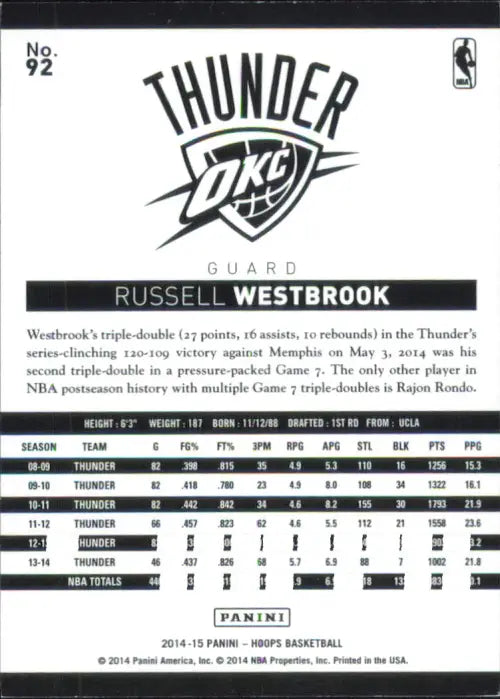 2014-15 Hoops Silver #92 Russell Westbrook /399 Oklahoma City Thunder Card NM-MT