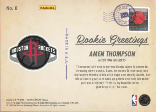 2023-24 Hoops Rookie Greetings #8 Amen Thompson Houston Rockets Basketball NM-MT