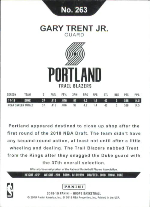 2018-19 Hoops Winter #263 Gary Trent Jr Rookie Portland Trail Blazers Card NM-MT