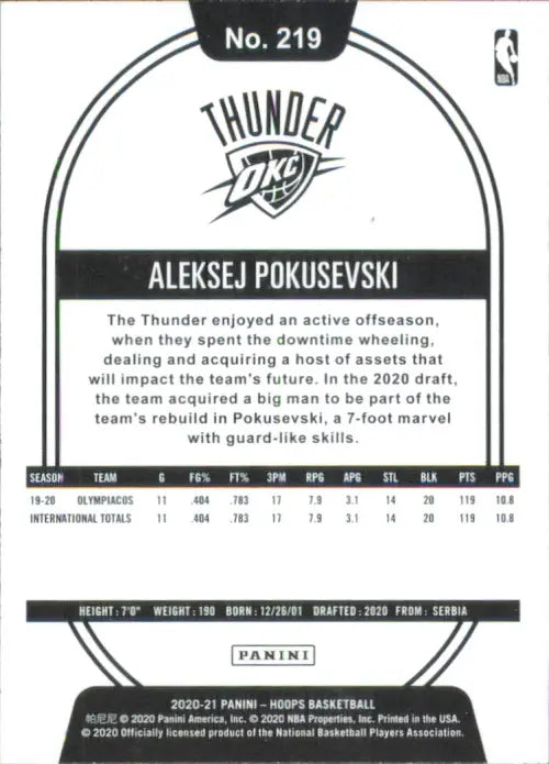 2020-21 Hoops #219 Aleksej Pokusevski Rookie Oklahoma City Thunder Card NM-MT