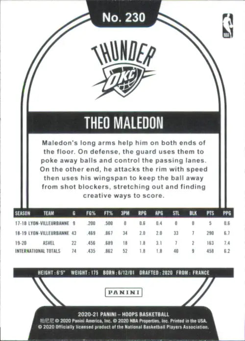 2020-21 Hoops #230 Theo Maledon Rookie Oklahoma City Thunder Basketball NM-MT