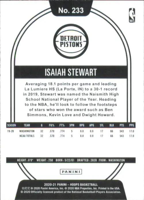 2020-21 Hoops #233 Isaiah Stewart Rookie Detroit Pistons Basketball Card NM-MT