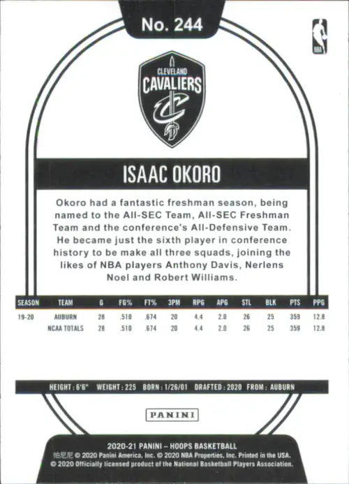 2020-21 Hoops #244 Isaac Okoro Rookie Cleveland Cavaliers Basketball Card NM-MT