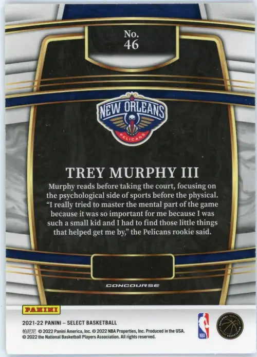 2021-22 Select Blue #46 Trey Murphy III Rookie New Orleans Pelicans Card NM-MT