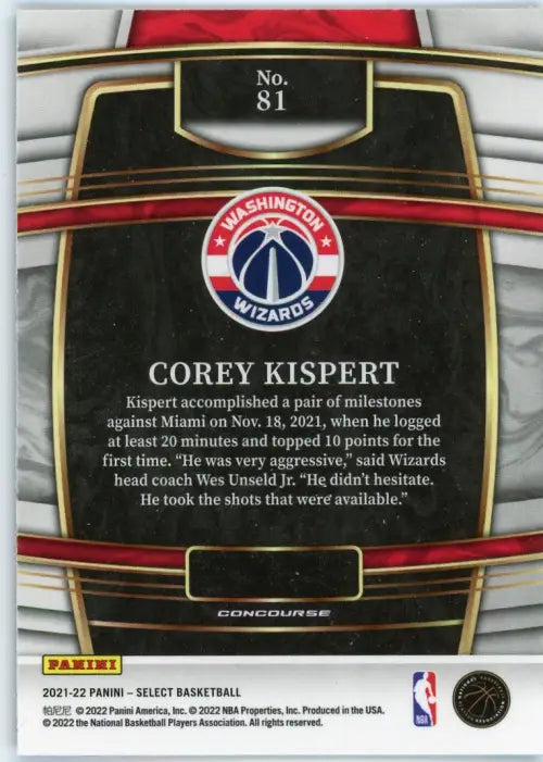 2021-22 Select Blue #81 Corey Kispert Rookie Washington Wizards Basketball NM-MT