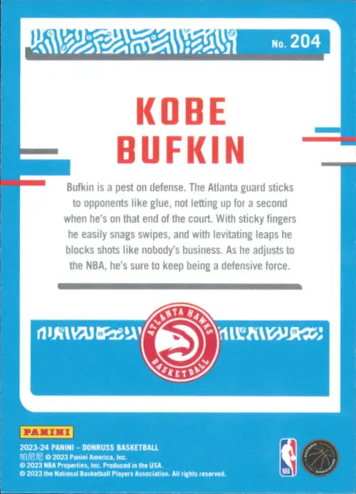 2023-24 Donruss #204 Kobe Bufkin Rookie Atlanta Hawks Basketball Card NBA NM-MT