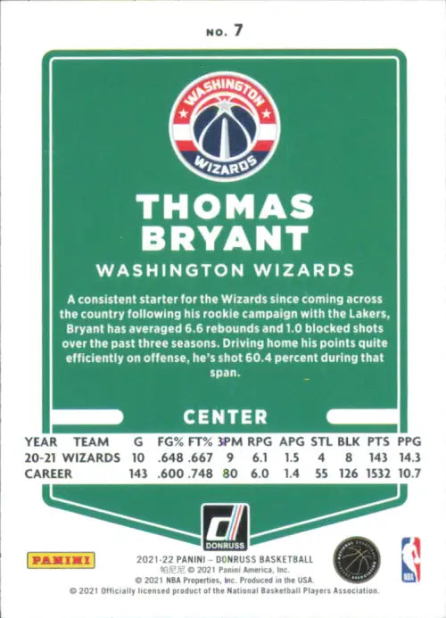 2021-22 Donruss Holo Orange Laser #7 Thomas Bryant Washington Wizards Card NM-MT