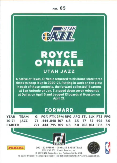 2021-22 Donruss Holo Orange Laser #65 Royce ONeale Utah Jazz Basketball NM-MT