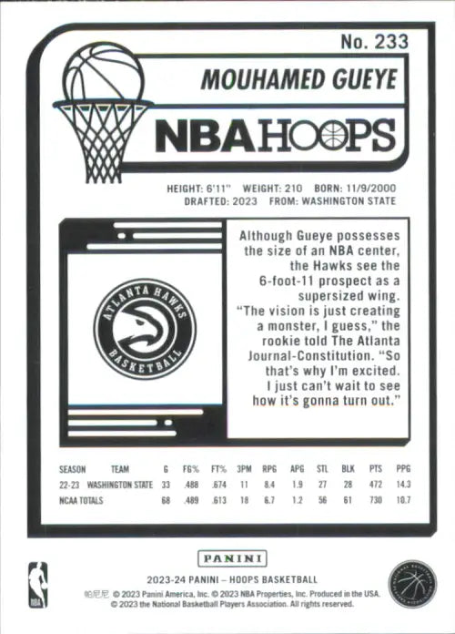 2023-24 Hoops #233 Mouhamed Gueye Rookie Atlanta Hawks Basketball Card NBA NM-MT