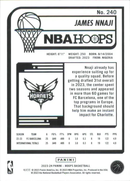 2023-24 Hoops #240 James Nnaji Rookie Charlotte Hornets Basketball Card NM-MT