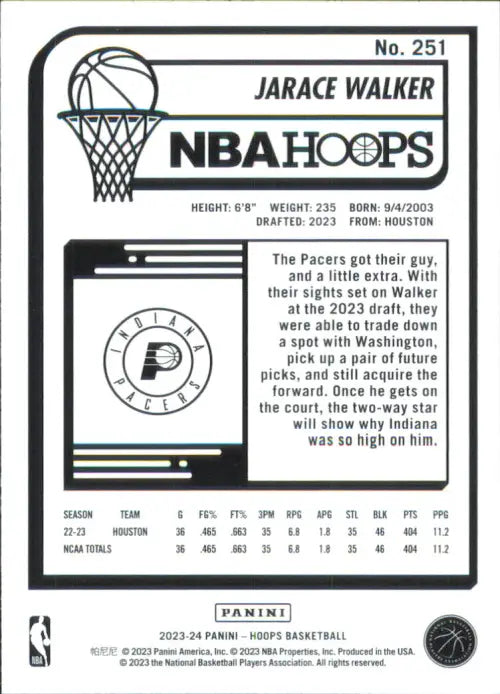 2023-24 Hoops #251 Jarace Walker Rookie Indiana Pacers Basketball Card NBA NM-MT