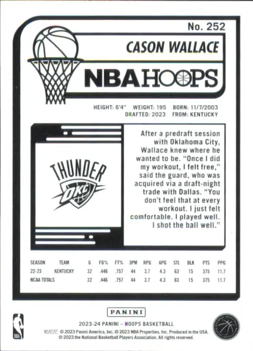 2023-24 Hoops #252 Cason Wallace Rookie Oklahoma City Thunder Basketball NM-MT