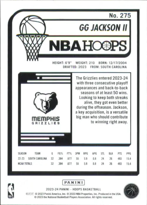 2023-24 Hoops #275 GG Jackson II Rookie Memphis Grizzlies Basketball Card NM-MT